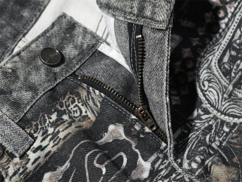 Baggy Wide-Leg Jeans – Paisley Graphic Waistband, Acid-Washed Grey Denim