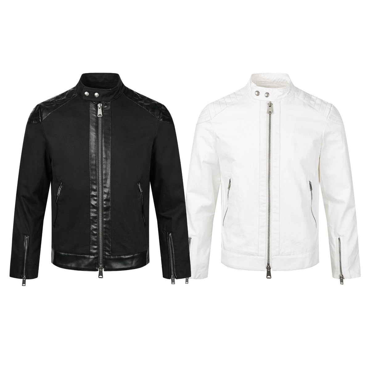 Men's Moto Biker Jacket with Leather Trim, Stand Collar & Zip Detail