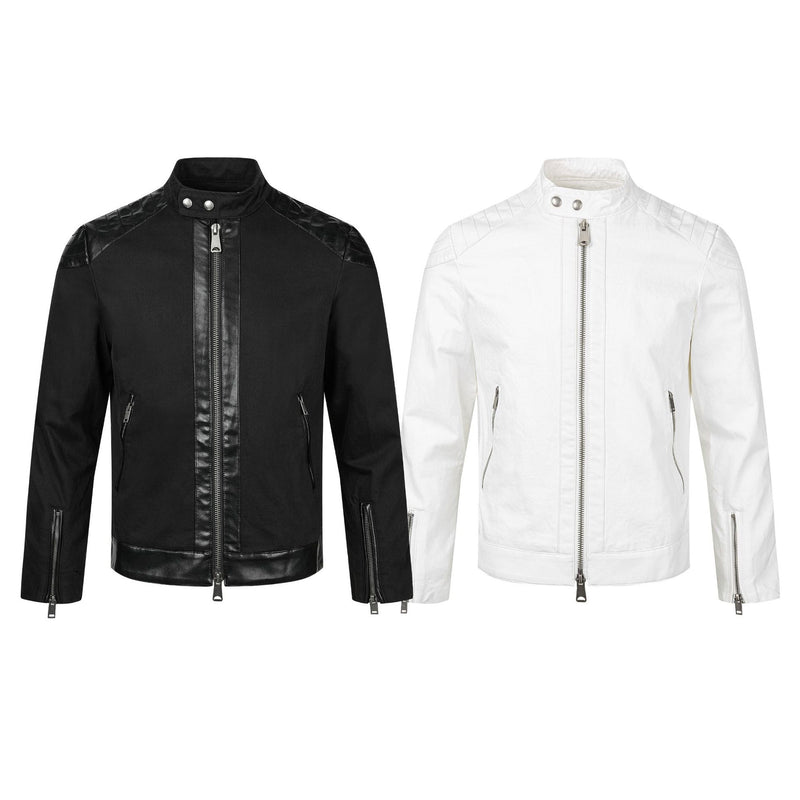 Men's Moto Biker Jacket with Leather Trim, Stand Collar & Zip Detail