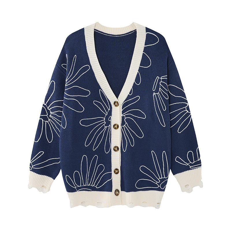 Oversized-Herren-Strickcardigan mit V-Ausschnitt, aufgestickter weißer Gänseblümchenkontur und kontrastfarbenem Cremebesatz in Marineblau