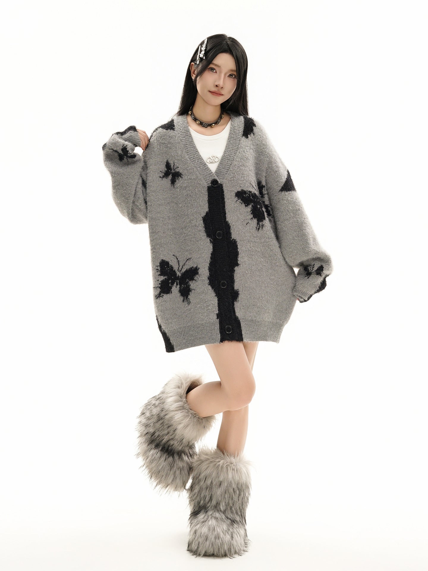 Gilet cardigan en maille jacquard papillon – Col V oversize, maille couple