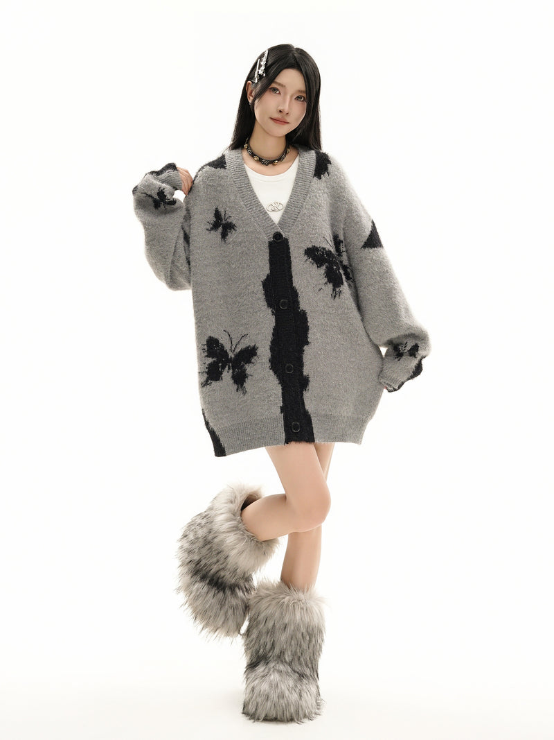 Gilet cardigan en maille jacquard papillon – Col V oversize, maille couple