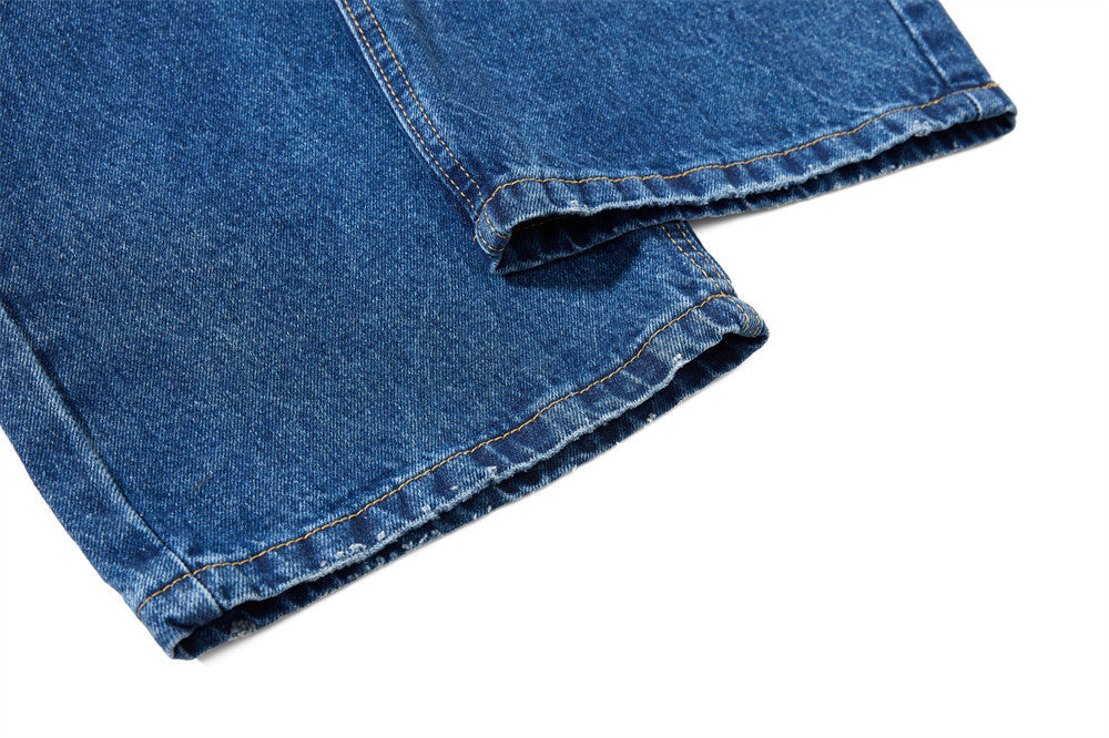 Baggy-Jeans mit weitem Bein – Knopfleiste, gewaschenes Dunkelblau, gerader High-Street-Schnitt