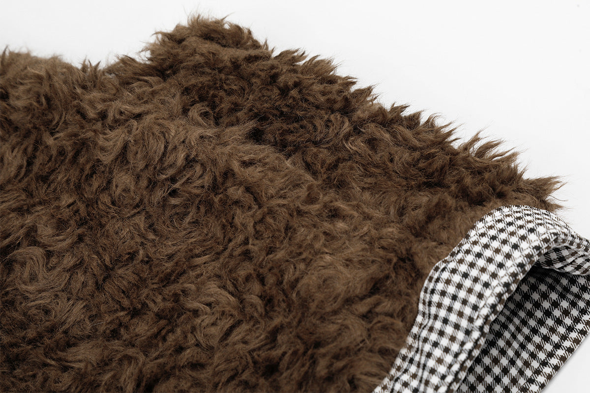 Gilet réversible en polaire teddy et tissu vichy matelassé – Gilet sans manches zippé