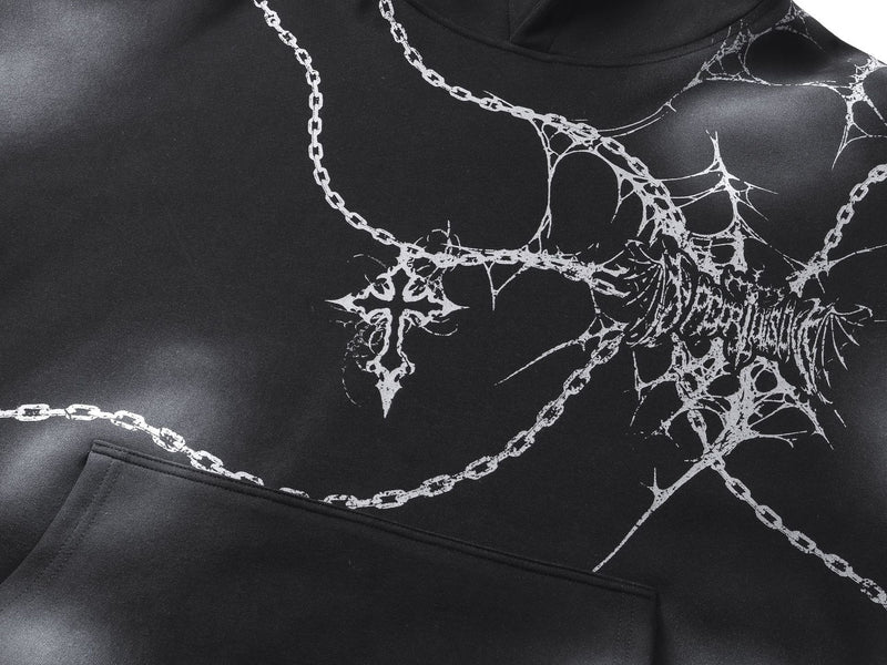Sudadera oversize gruesa con estampado gótico de cadenas y cruces