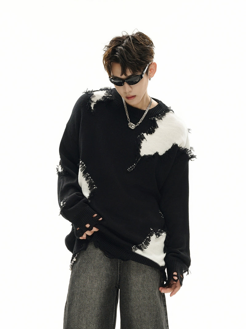 Pull en maille color block effet usé – Pull oversize à franges, style high-street