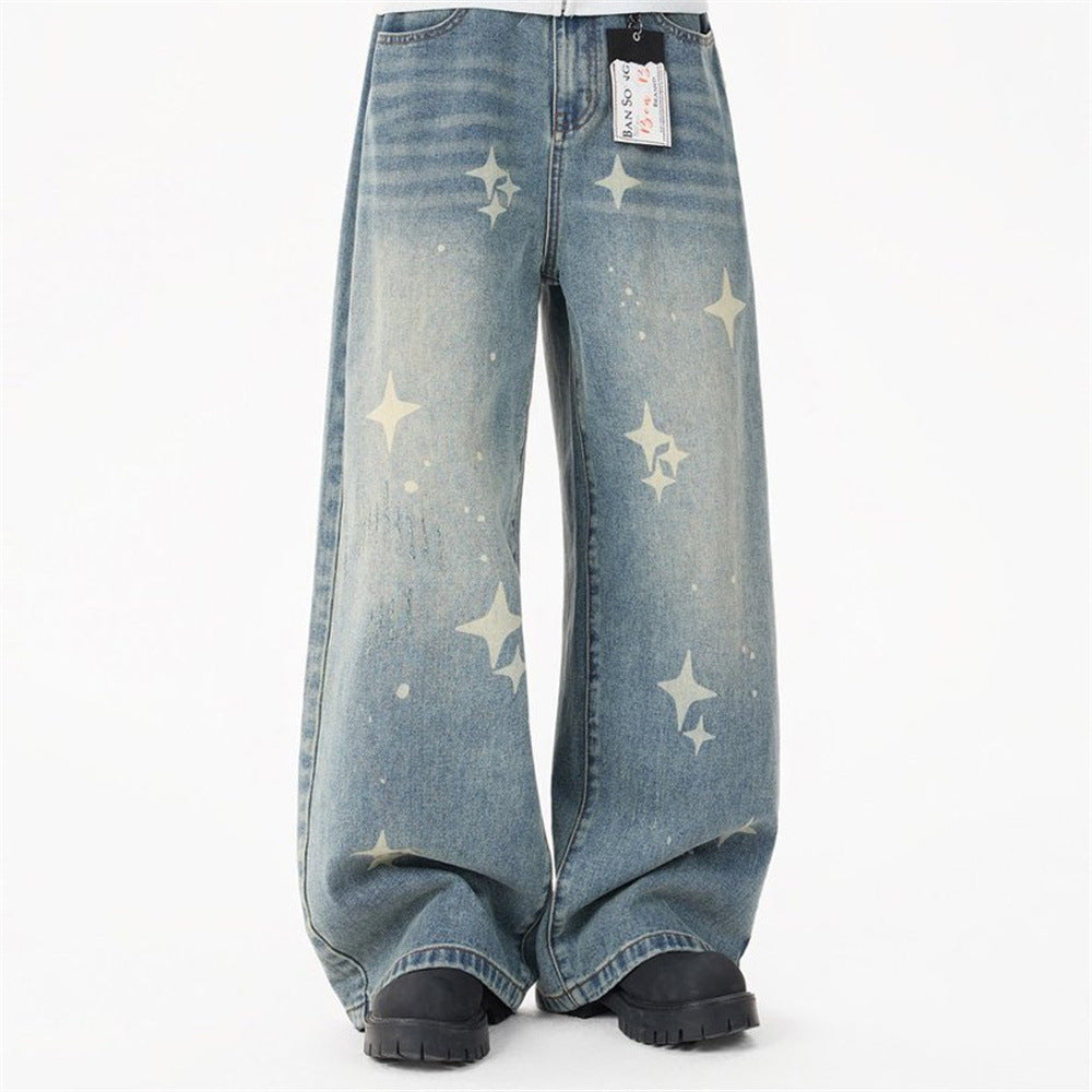 Jeans Star Print Baggy Wide-Leg Men – Washed Light Blue Straight Trousers