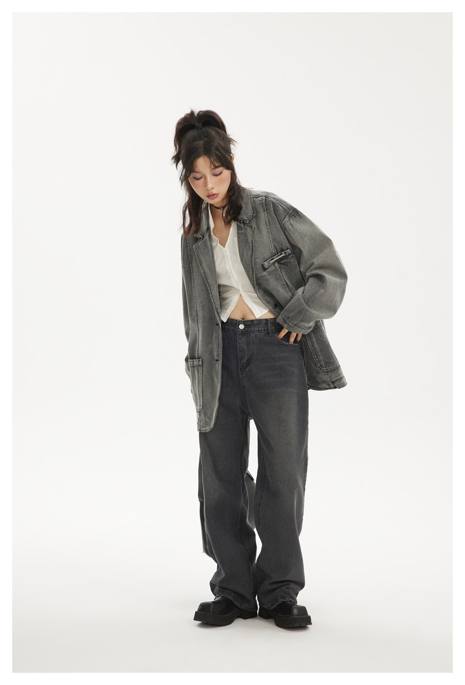 Oversized Washed Denim Blazer Jacket – Vintage Grey Black