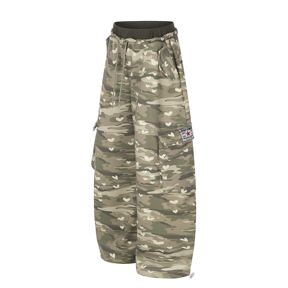 Men's Camouflage Cargo Pants – Wide-Leg Heart Print Camo Baggy Trousers