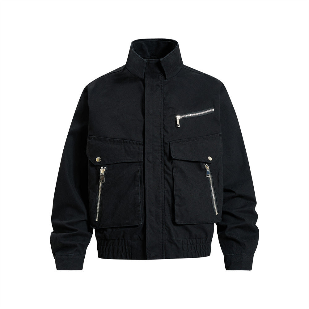 Men's black cargo bomber jacket with stand collar, silver zip pockets and snap-button flap details