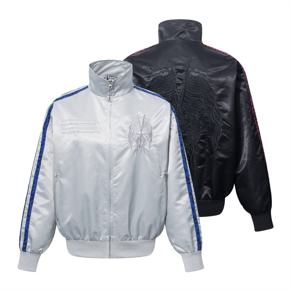 Men's Heavy Embroidery Stand Collar Satin Track Jacket with Tape Sleeves
