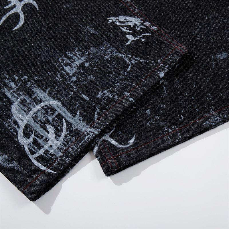 Tribal Print Baggy Jeans – Black Distressed Wide-Leg Denim