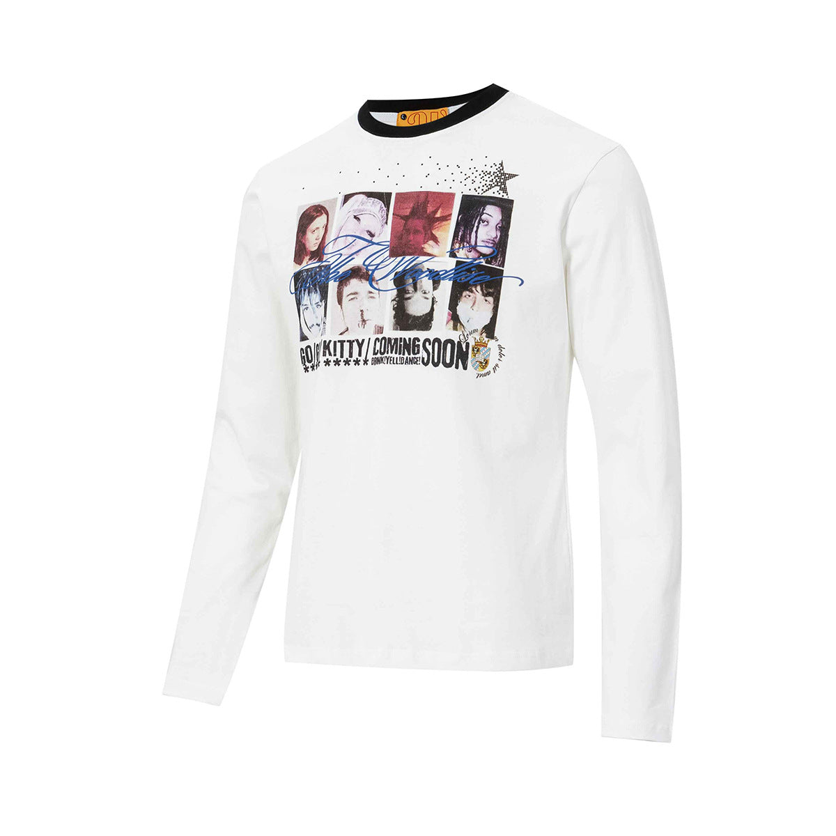 T-shirt graphique à manches longues et col rond – Motif portrait punk, coupe ajustée