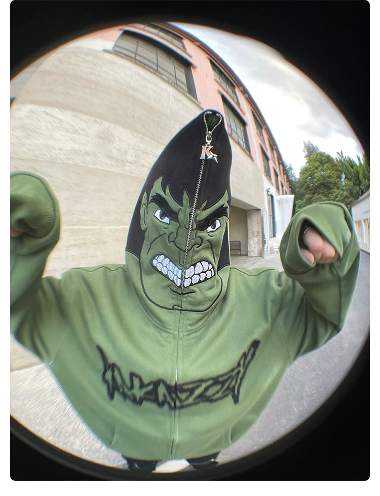 Hulk-Inspired Hoodie - 400GSM Oversized Green Zip-Up Superhero Sweatshirt