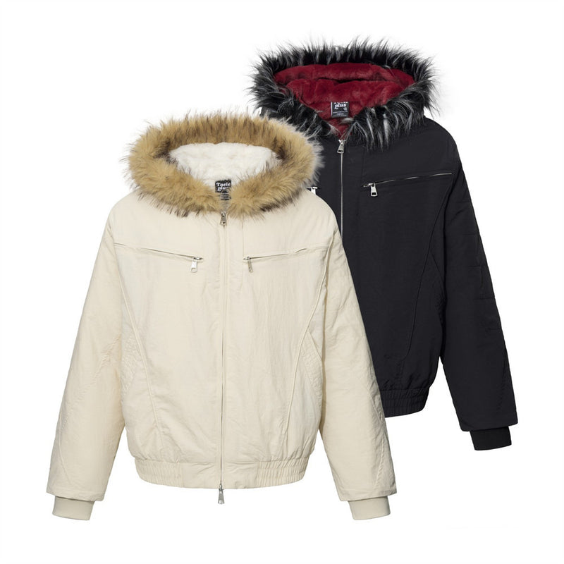Fur-Trim Hooded Bomber Jacket – Men's Winter Padded Coat with Dual Zip Pockets