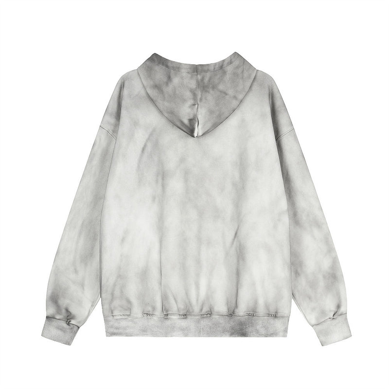 Distressed Tie-Dye Zip-Up Hoodie with Stripe Sleeves & Gothic Letter Graphic