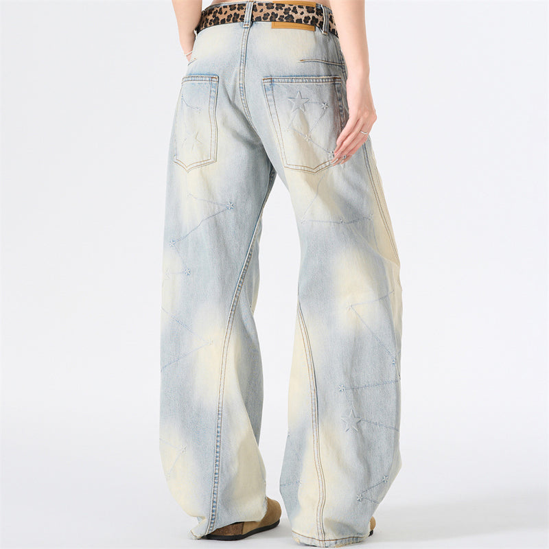 Star Embroidery Wide-Leg Jeans – Vintage Washed Baggy Denim