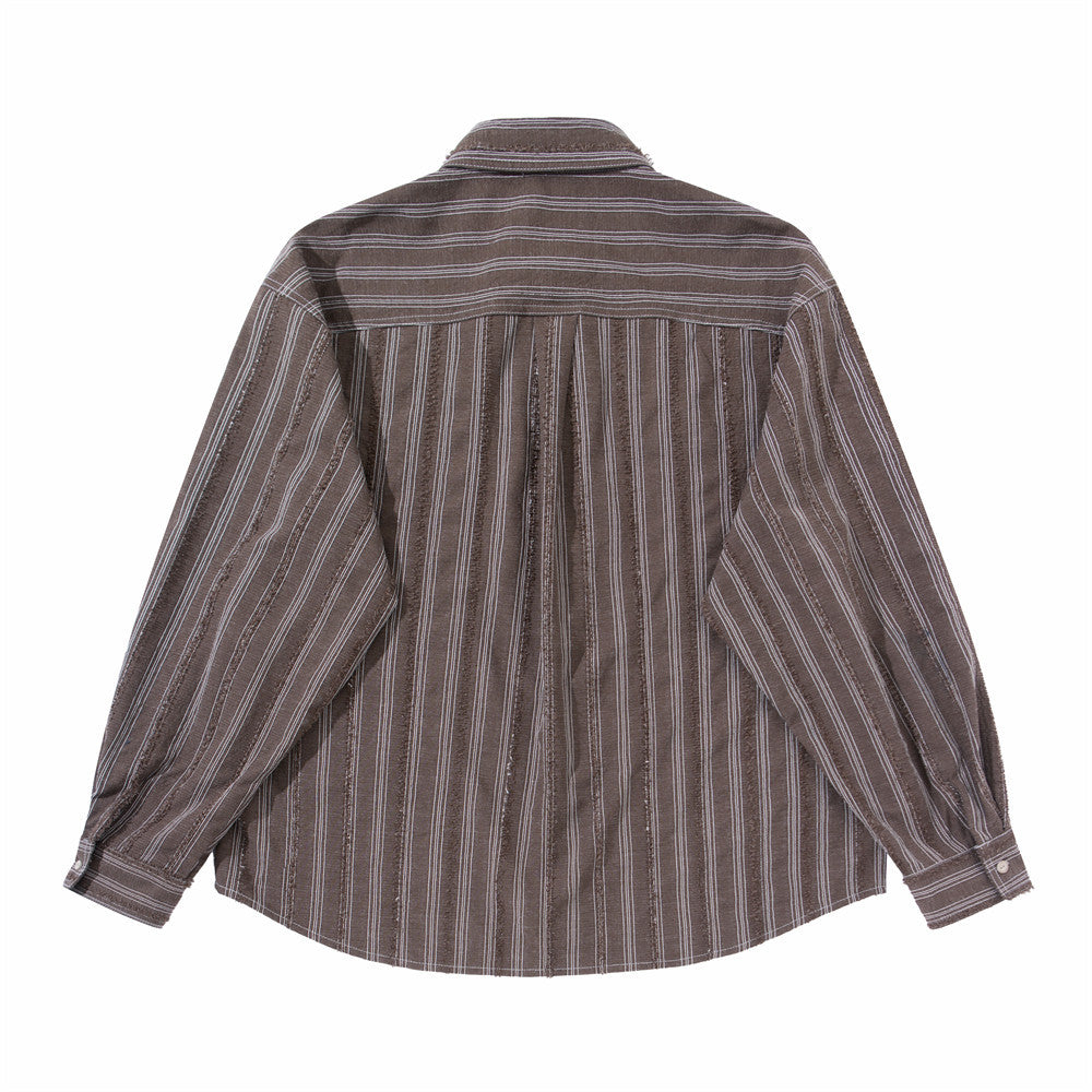 Men's Vintage Striped Oversized Long-Sleeve Shirt with Dual Chest Pockets