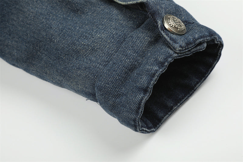 Men's Denim Jacket with Faux Fur Collar & Military Frog Button Closure