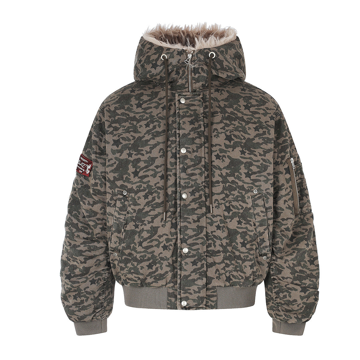 Camouflage Star-Print Padded Bomber Jacket with Faux Fur Hood