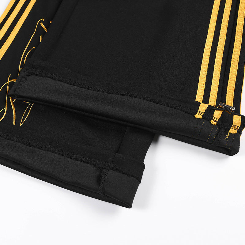 Wide-Leg Track Pants with Gold Side Stripes & Crest Embroidery