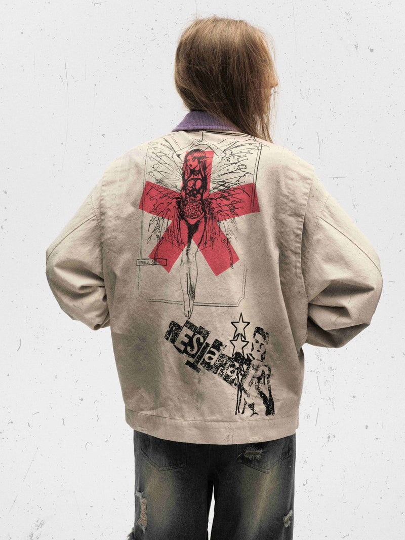 Veste zippée à imprimé graphique – Coton délavé effet usé, col violet et badge