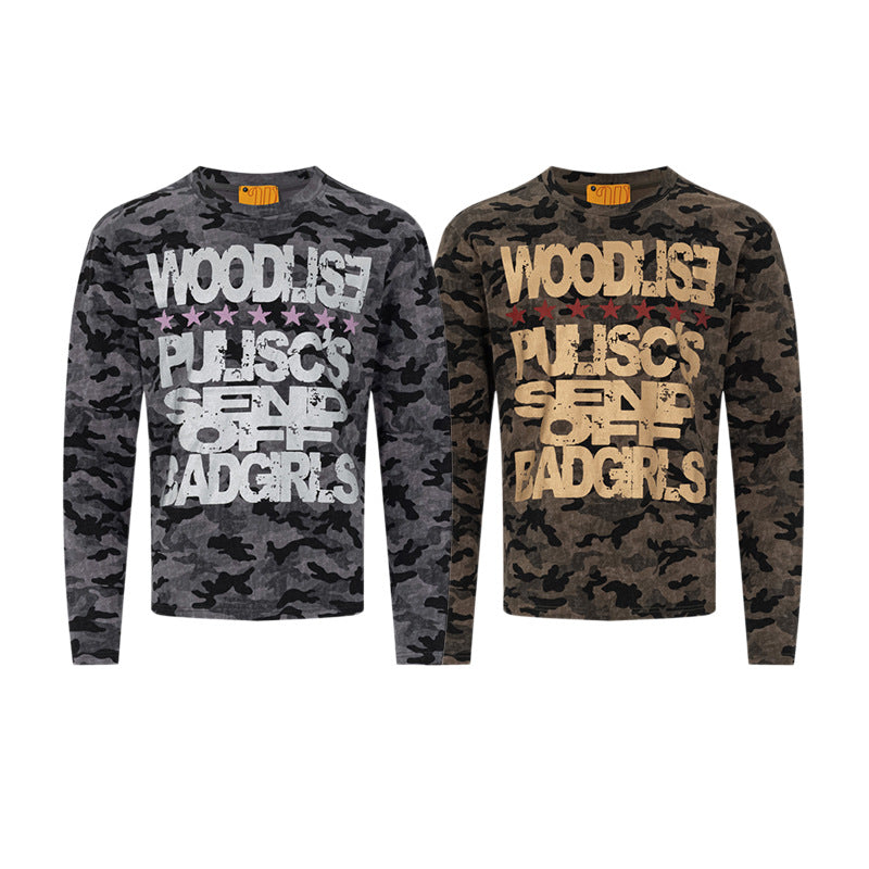 Camiseta gráfica de manga larga con camuflaje – Camiseta streetwear de estampado desgastado