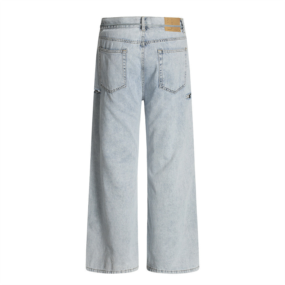Wide-Leg Distressed Jeans – Light Blue Acid-Washed Straight-Cut Denim with