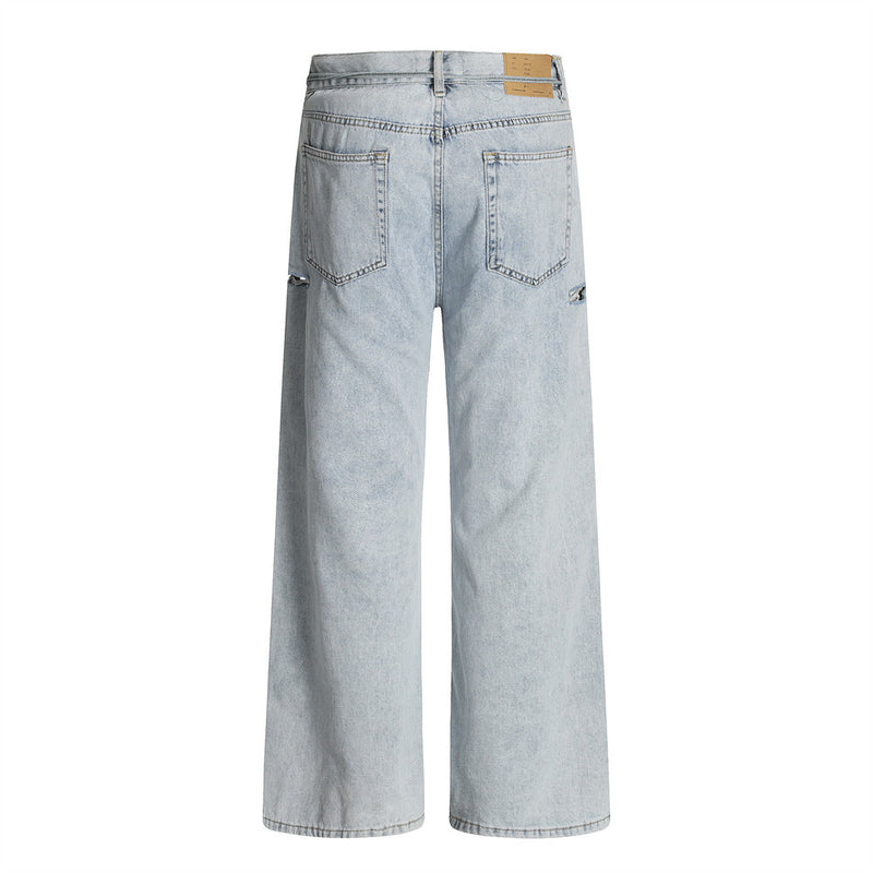 Wide-Leg Distressed Jeans – Light Blue Acid-Washed Straight-Cut Denim with