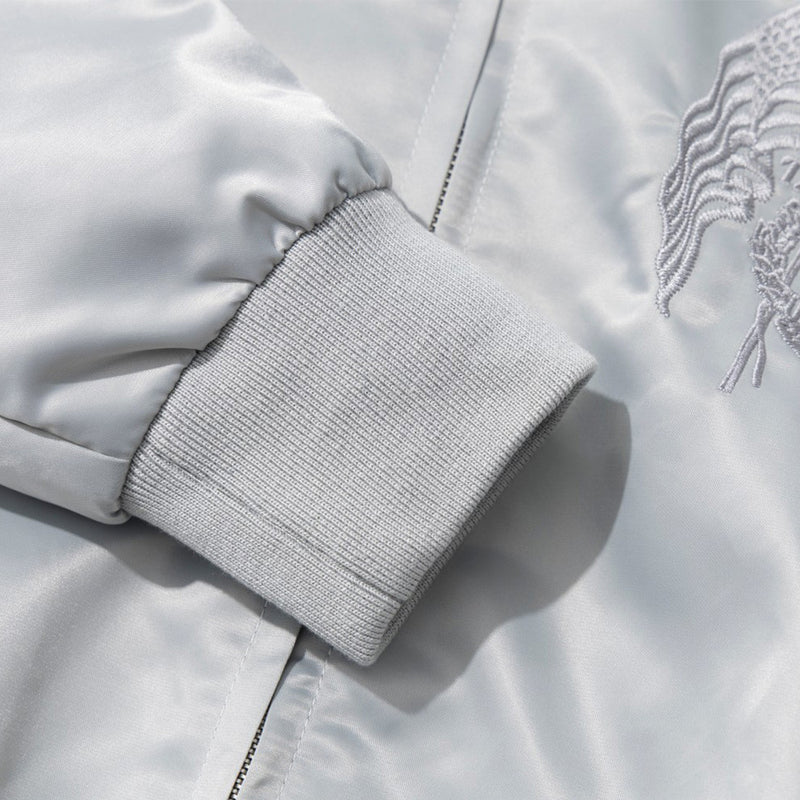 Men's Heavy Embroidery Stand Collar Satin Track Jacket with Tape Sleeves