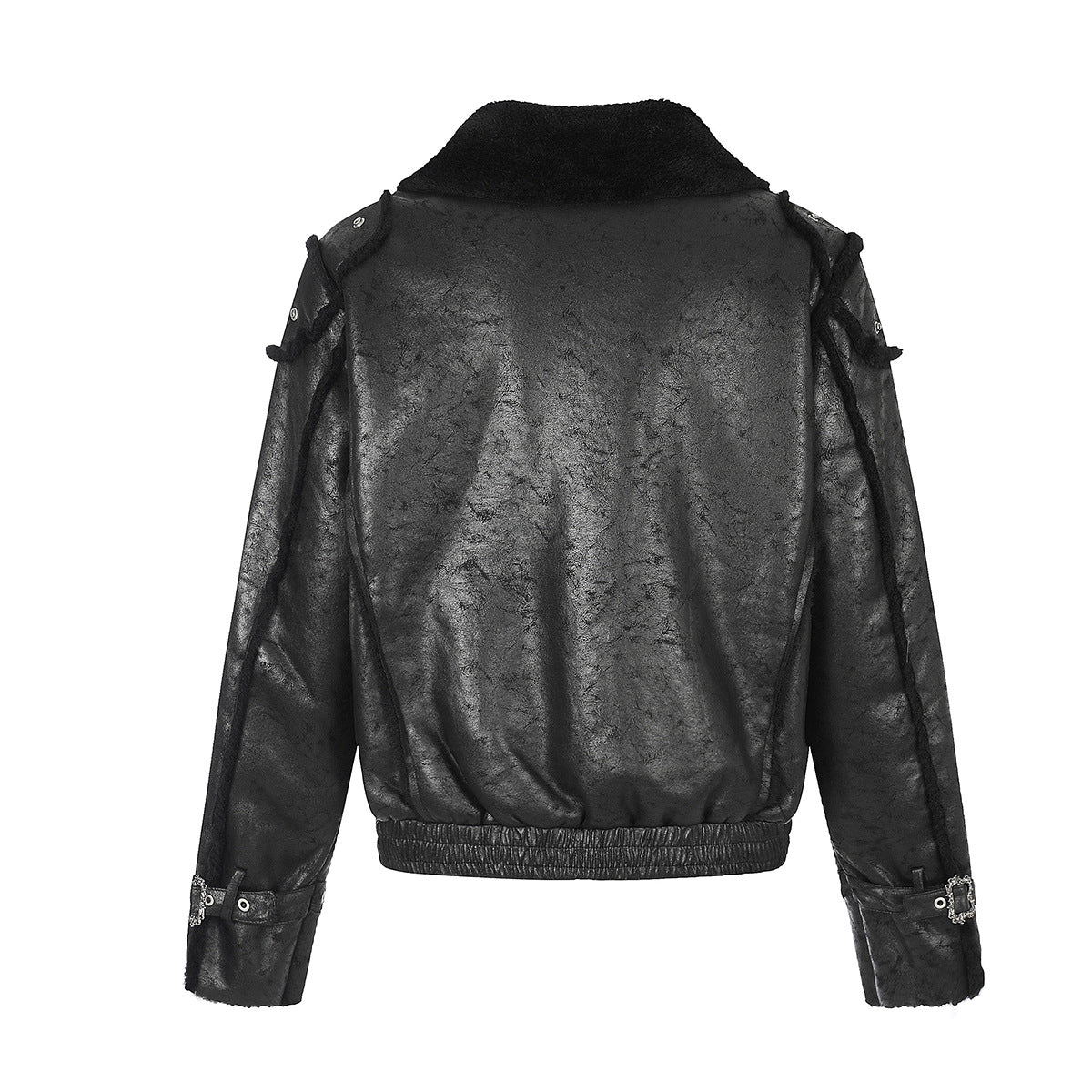 Black Faux Leather Bomber Jacket with Shearling Lining & Moto Hardware
