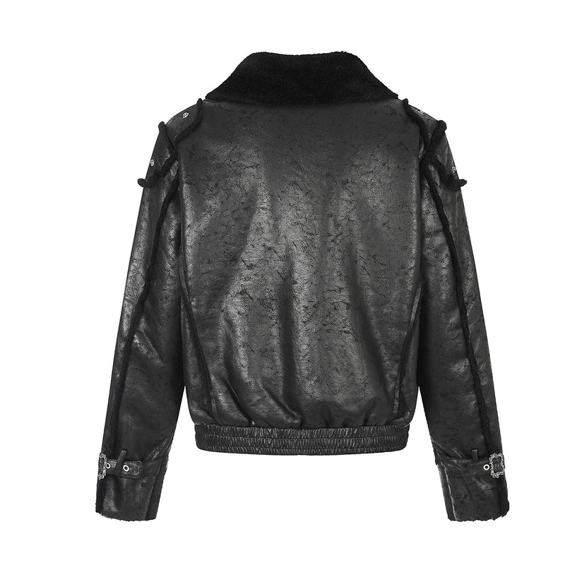 Black Faux Leather Bomber Jacket with Shearling Lining & Moto Hardware