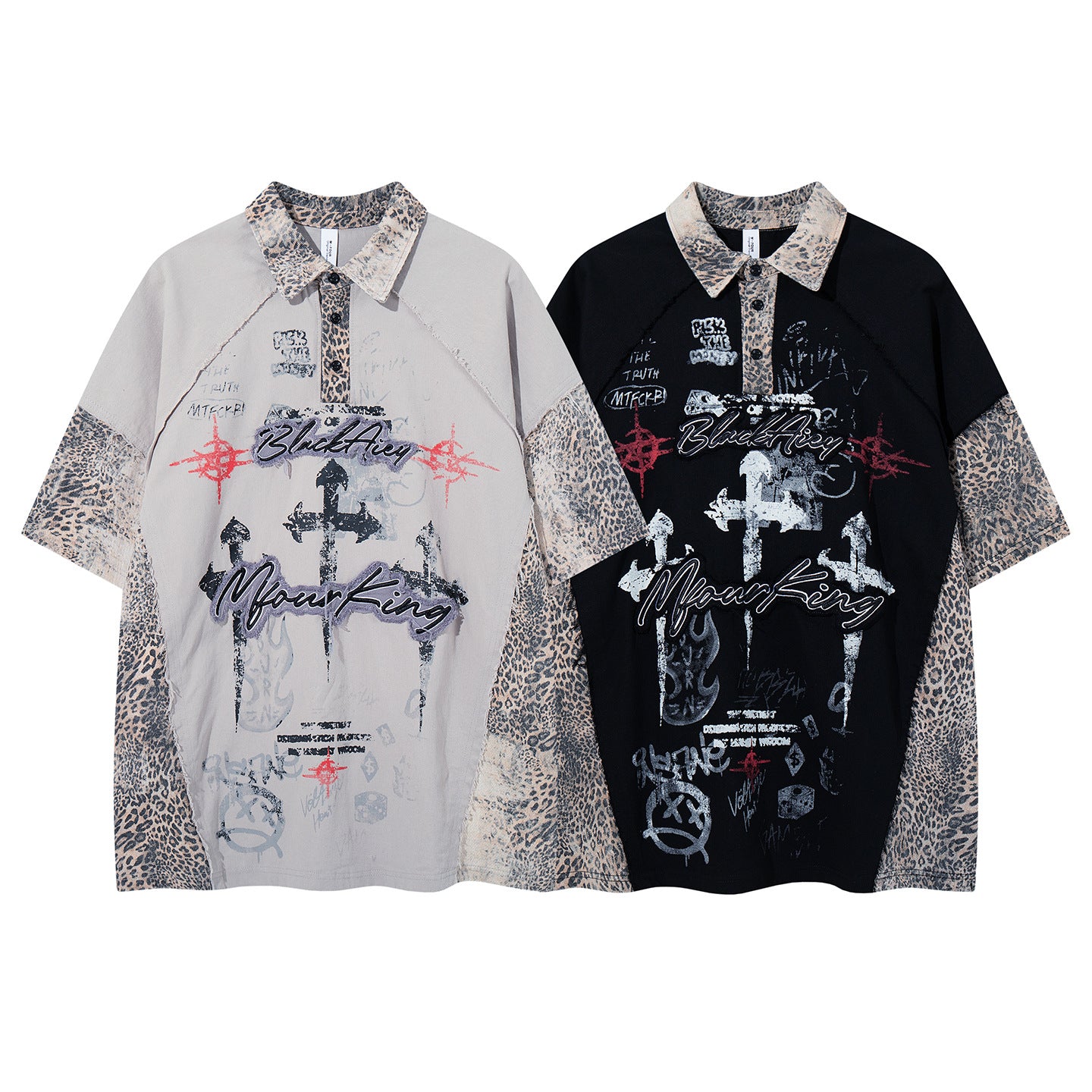 Chemise à col et manches courtes – Polo patchwork léopard graffiti
