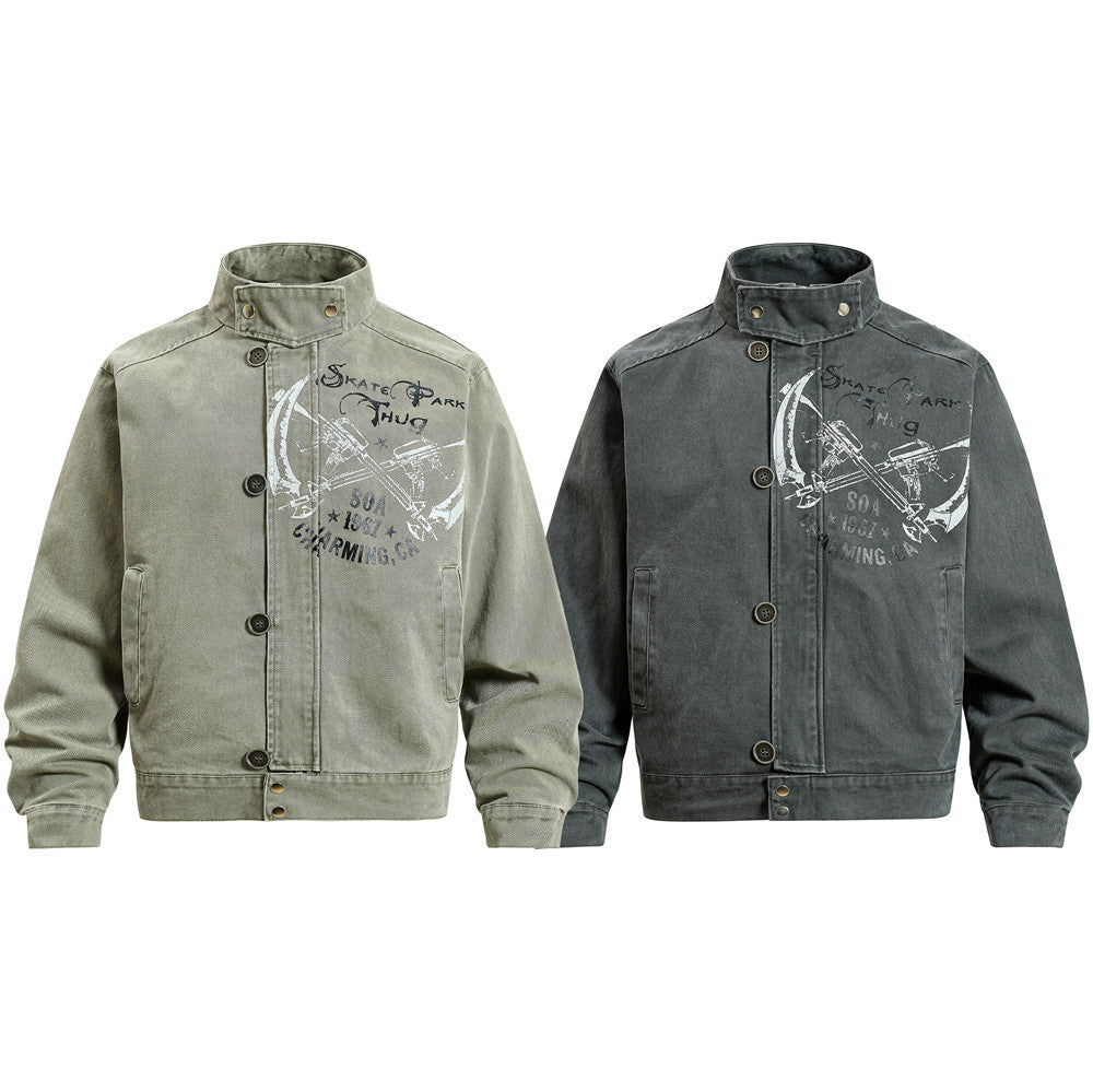 Men's Canvas Work Jacket – Vintage Punk Distressed Stand Collar with Scythe