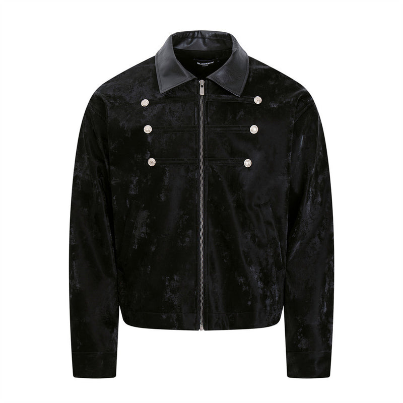 Men's Military Style Jacket – Black Velvet Double-Breasted Zip-Up with PU
