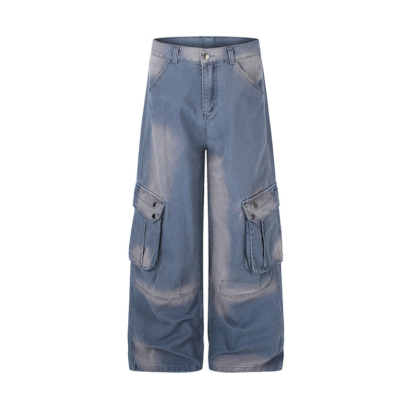 Wide-leg washed denim cargo jeans with snap-button cargo pockets in blue and army green colorways
