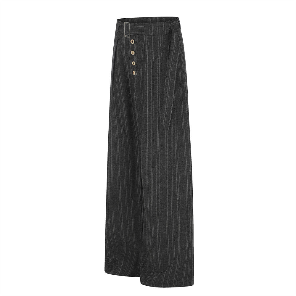 Men's Striped Wide-Leg Trousers with Button Fly and Belt