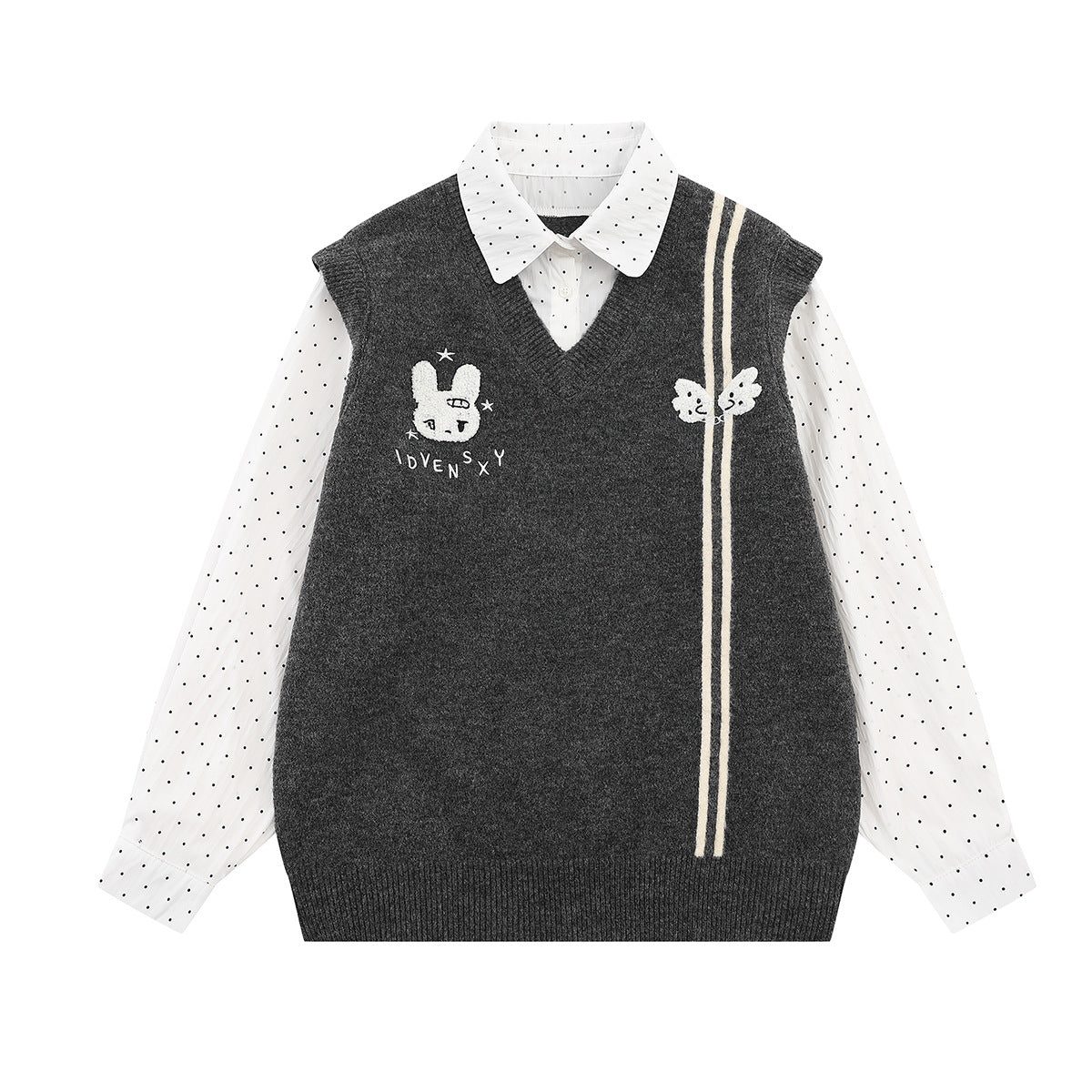 Sweater Faux Two-Piece Knit Vest with Polka Dot Shirt Collar & Bunny Embroidery