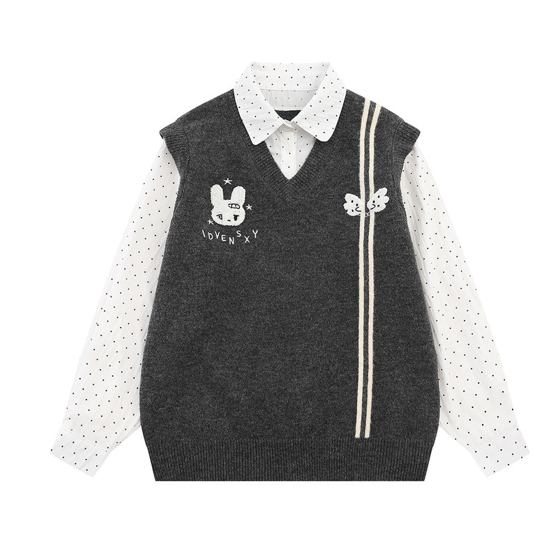 Sweater Faux Two-Piece Knit Vest with Polka Dot Shirt Collar & Bunny Embroidery
