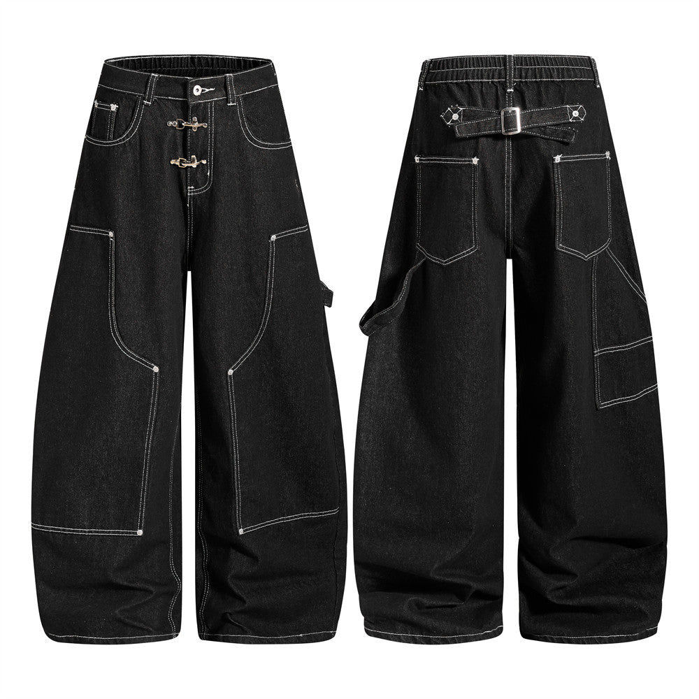 Herren-Cargojeans mit weitem Bein, Klappverschluss und Kontrastnähten