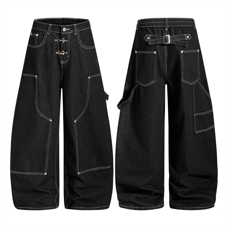Herren-Cargojeans mit weitem Bein, Klappverschluss und Kontrastnähten
