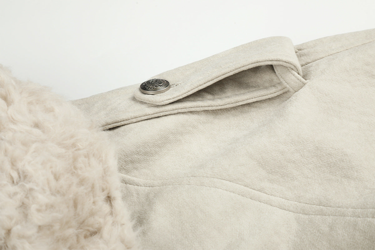 Double-Breasted Shearling-Collar Padded Jacket with Waist Belt