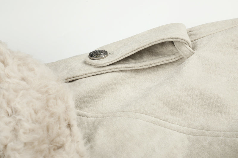 Double-Breasted Shearling-Collar Padded Jacket with Waist Belt