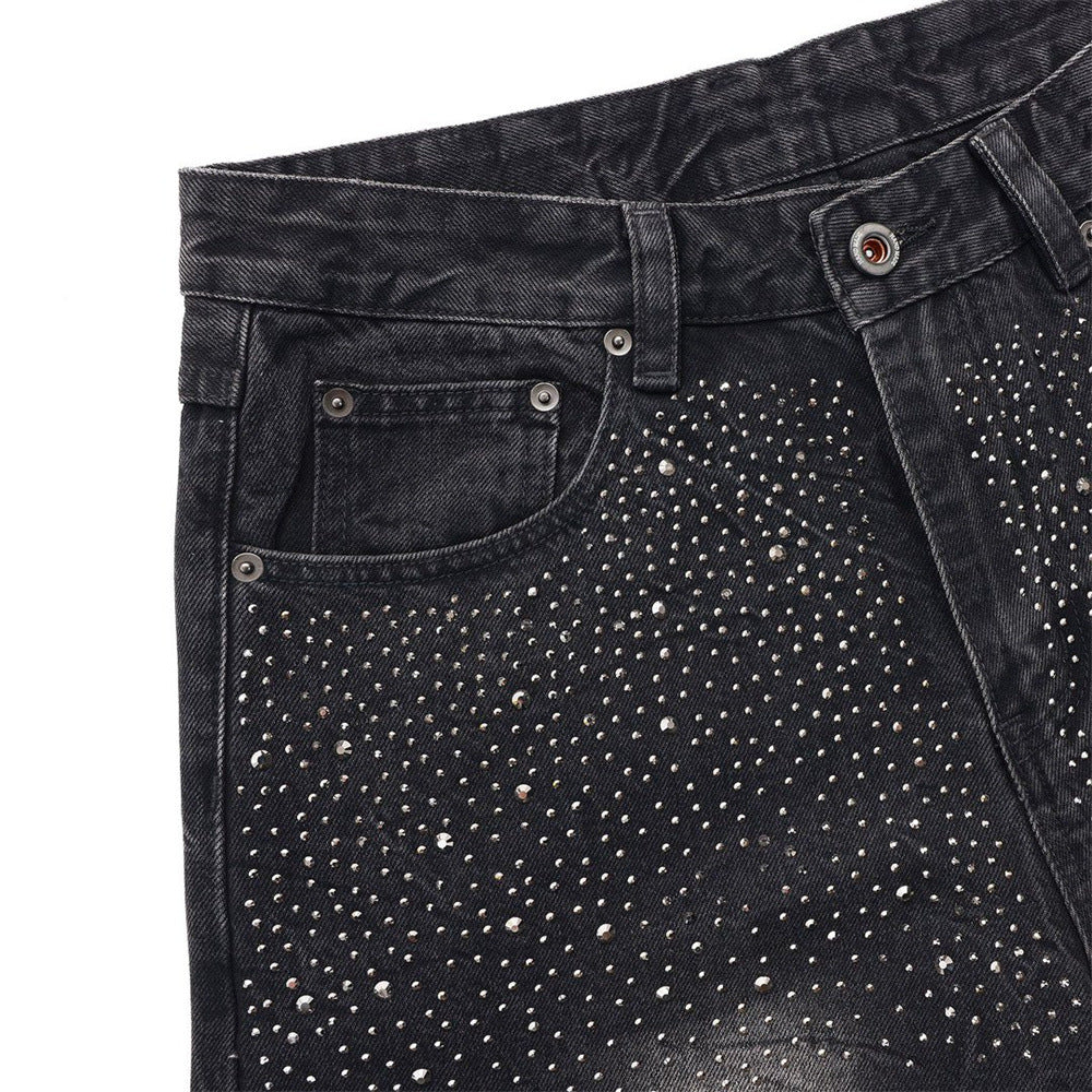 Men's Wide-Leg Baggy Jeans – Washed Black Rhinestone Embellished Denim