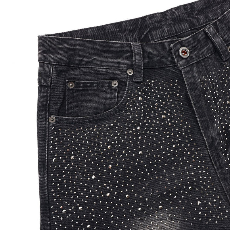 Men's Wide-Leg Baggy Jeans – Washed Black Rhinestone Embellished Denim