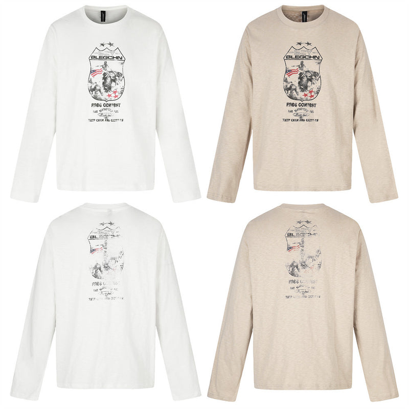 Men's oversized long-sleeve crew-neck tee with distressed Americana shield badge graphic print in white