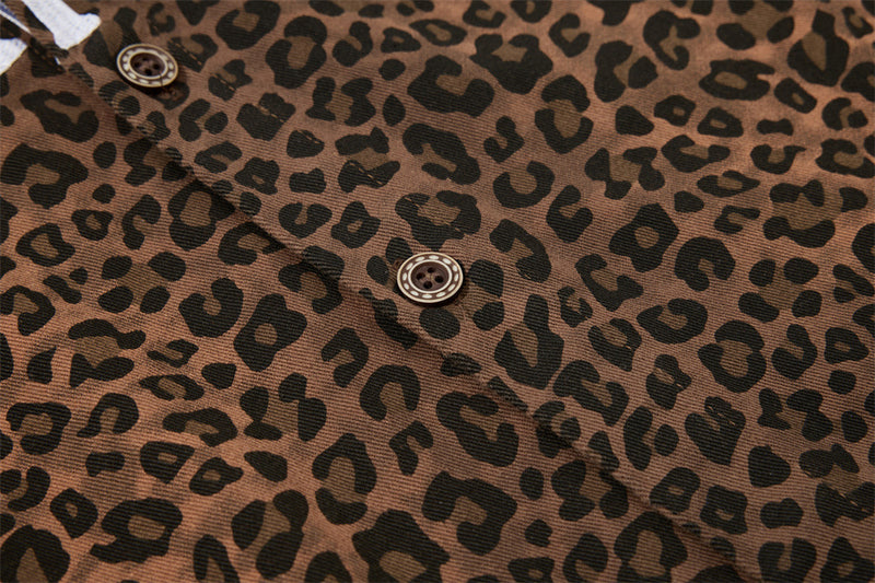 Leopard Print Short Sleeve Shirt with Heart Flocking Patch – Oversized Hip Hop B