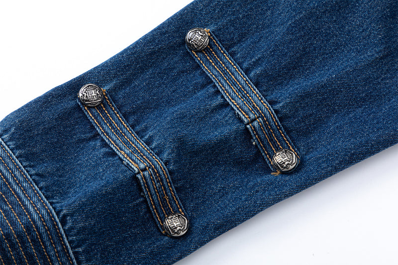 Veste en jean bleu foncé à col montant style militaire avec boutons décoratifs