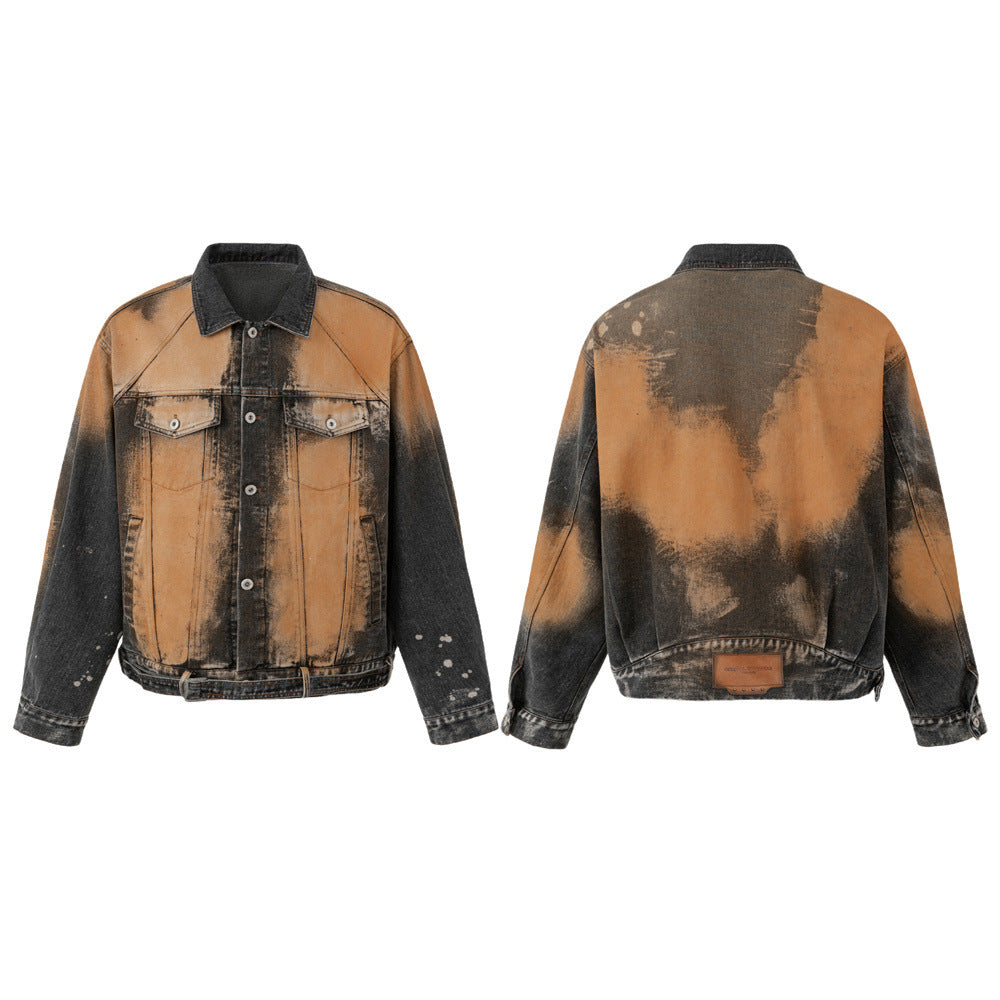 Oversized acid-wash distressed denim jacket in charcoal grey and bleached amber, front and back view