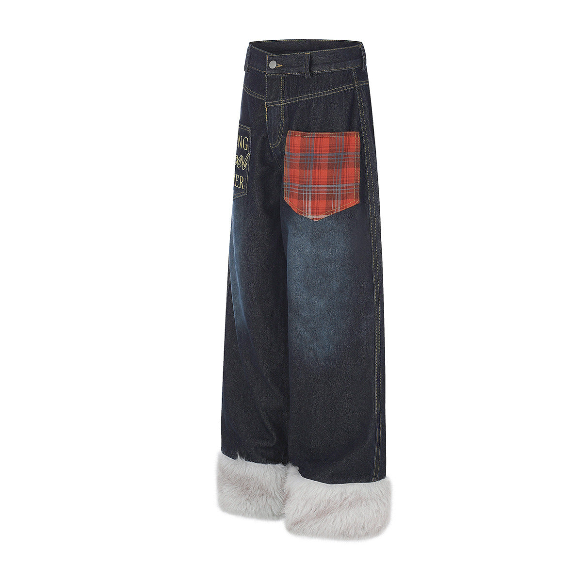 Jean baggy à jambes larges avec ourlet en fausse fourrure, poche à carreaux et broderie